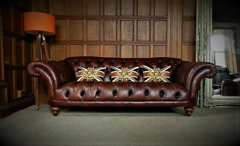 Grand Chesterfield Leather Club Sofa 3/4 Seater Tetrad Ribchester Antique Brown
