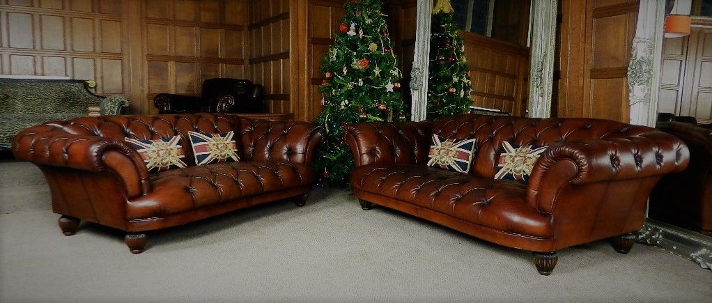 Pair of Tetrad Oskar Conker Brown Leather Chesterfield 3/4 Seater Sofas Suite