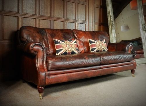Victorian Style Hand Dyed Russet Brown Leather Chesterfield 3 Seater Club Sofa