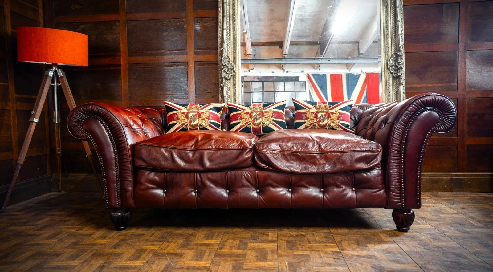 Tetrad Elliot Antique Chestnut Leather Chesterfield 3 Seater Sofa Two of a Pair
