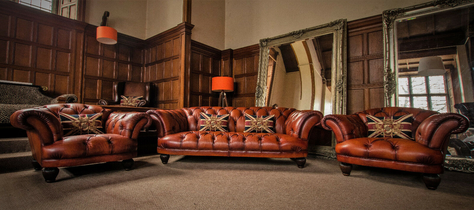 Tetrad Oskar Tan Brown Leather Suite Large 3/4 Seater Sofa Pair of Club Chairs