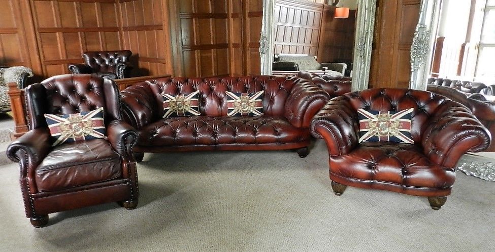 Tetrad Oskar Conker Brown Leather Chesterfield Suite Sofa Wingback & Club Chairs