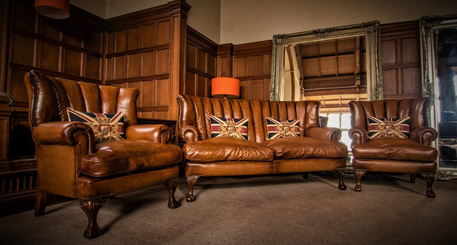 Tetrad Blake John Lewis Antique Tan Leather Chesterfield Sofa & Pair Armchairs