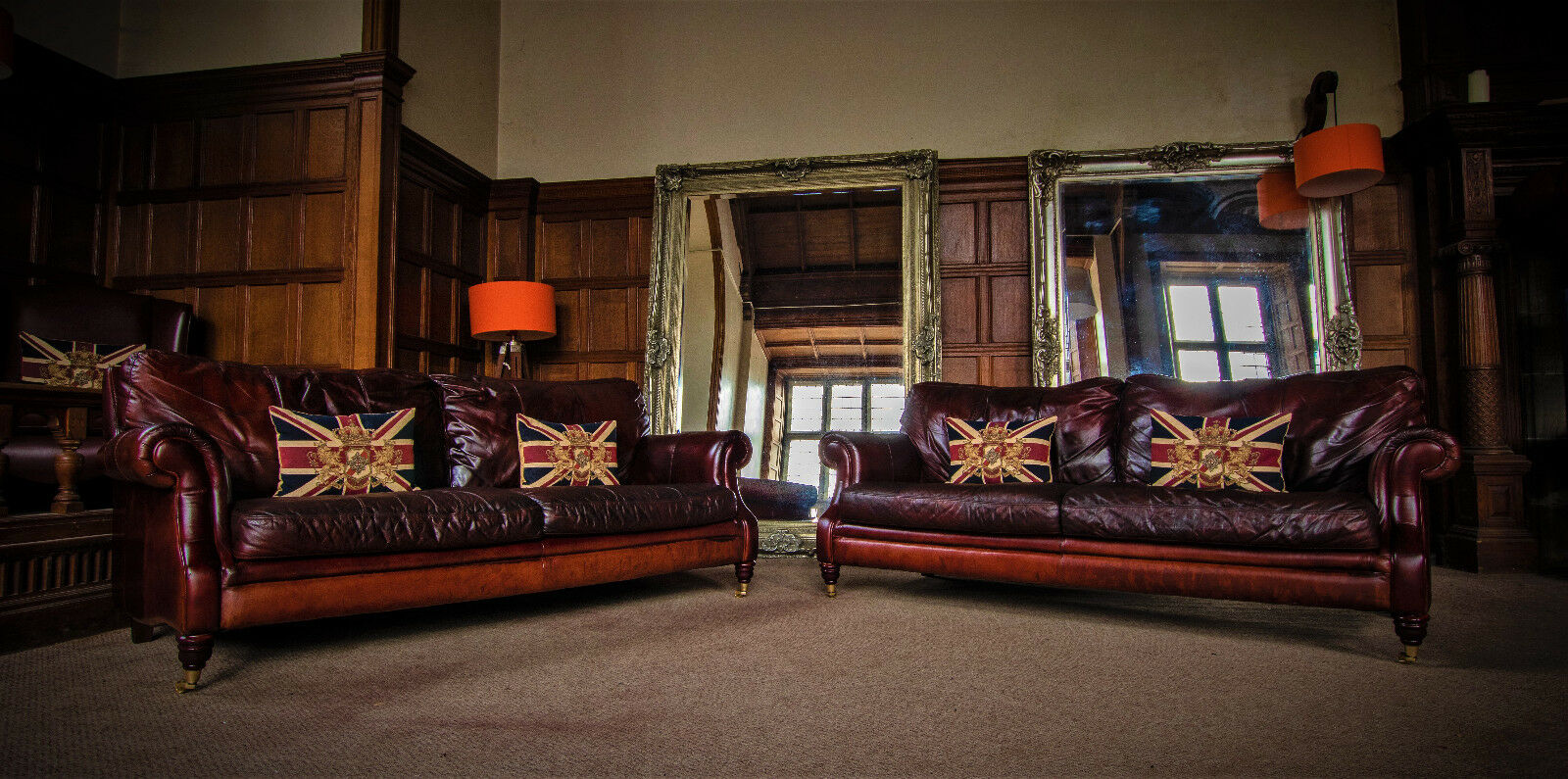 Pair of Victorian Style Cigar Antique Brown Leather 3 Seater Chesterfield Sofas