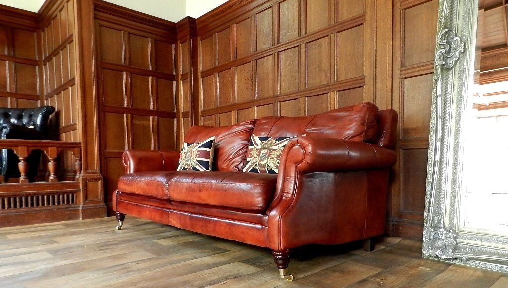 Victorian Style Chestnut Antique Tan Brown Leather 3 Seat Chesterfield Club Sofa