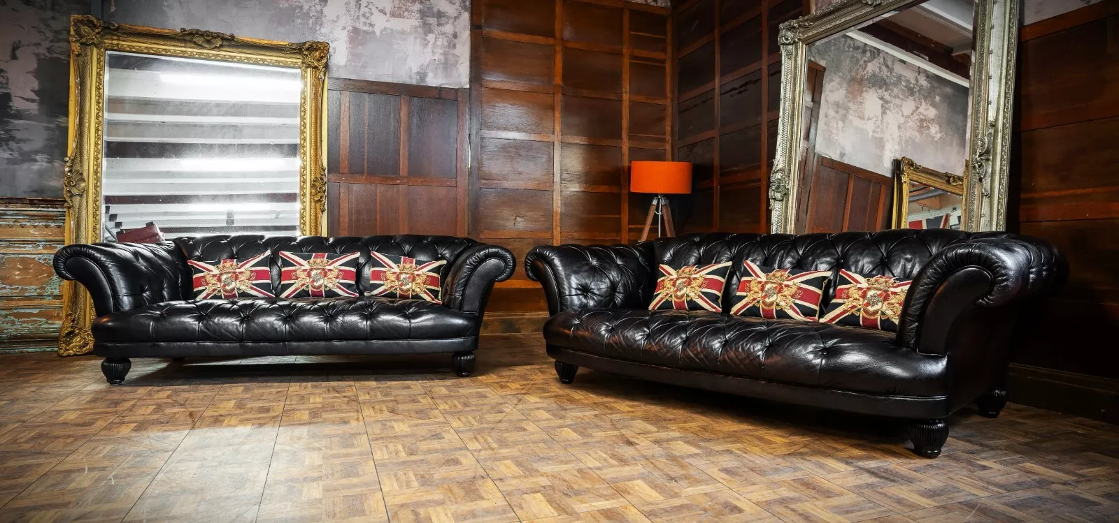 Pair of Tetrad Grand Oskar Chesterfield Antique Black Leather 3/4 Seater Sofas