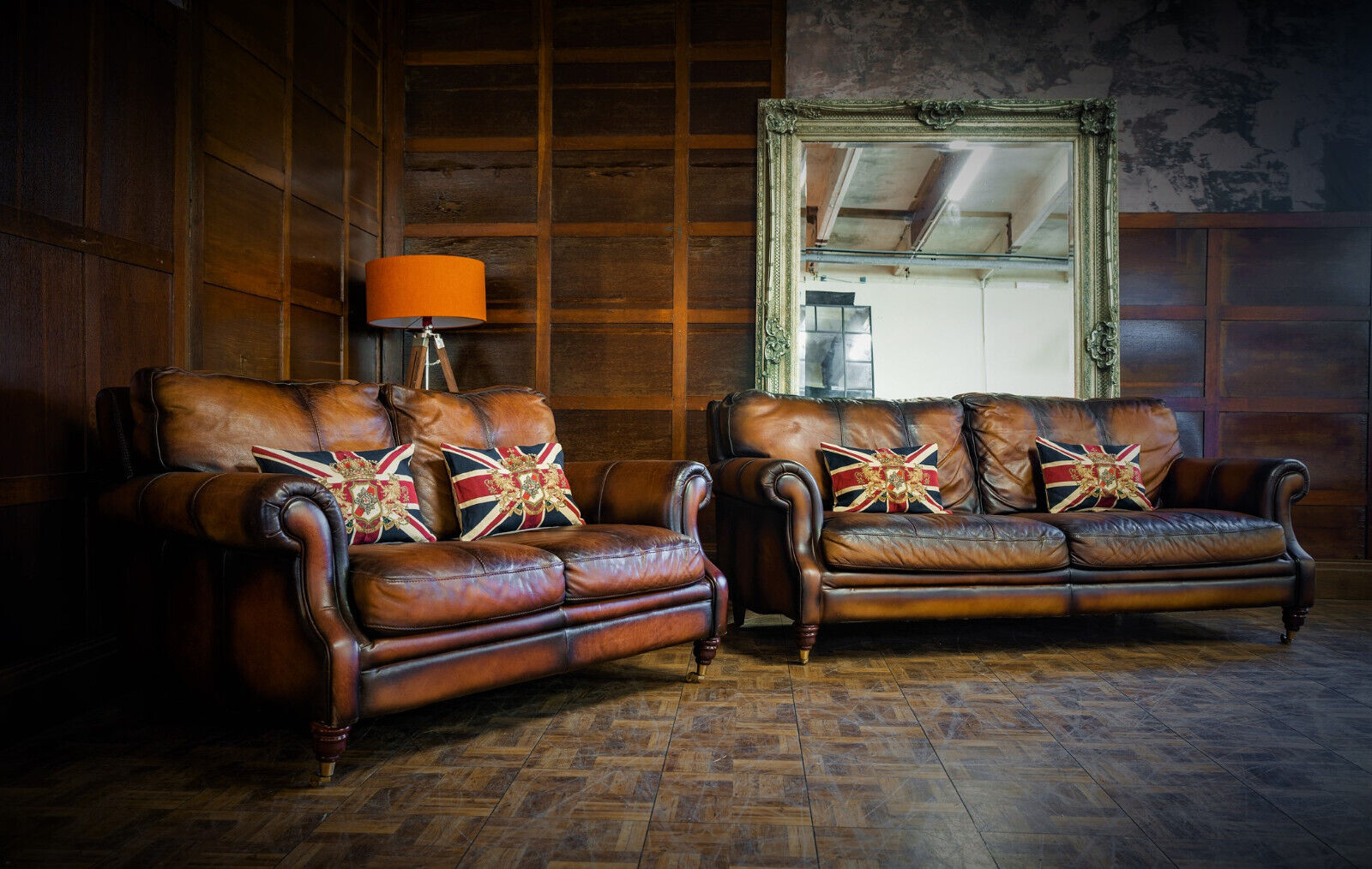 Victorian Style Antique Tan Brown Leather Suite 3 & 2 Seater Chesterfield Sofas