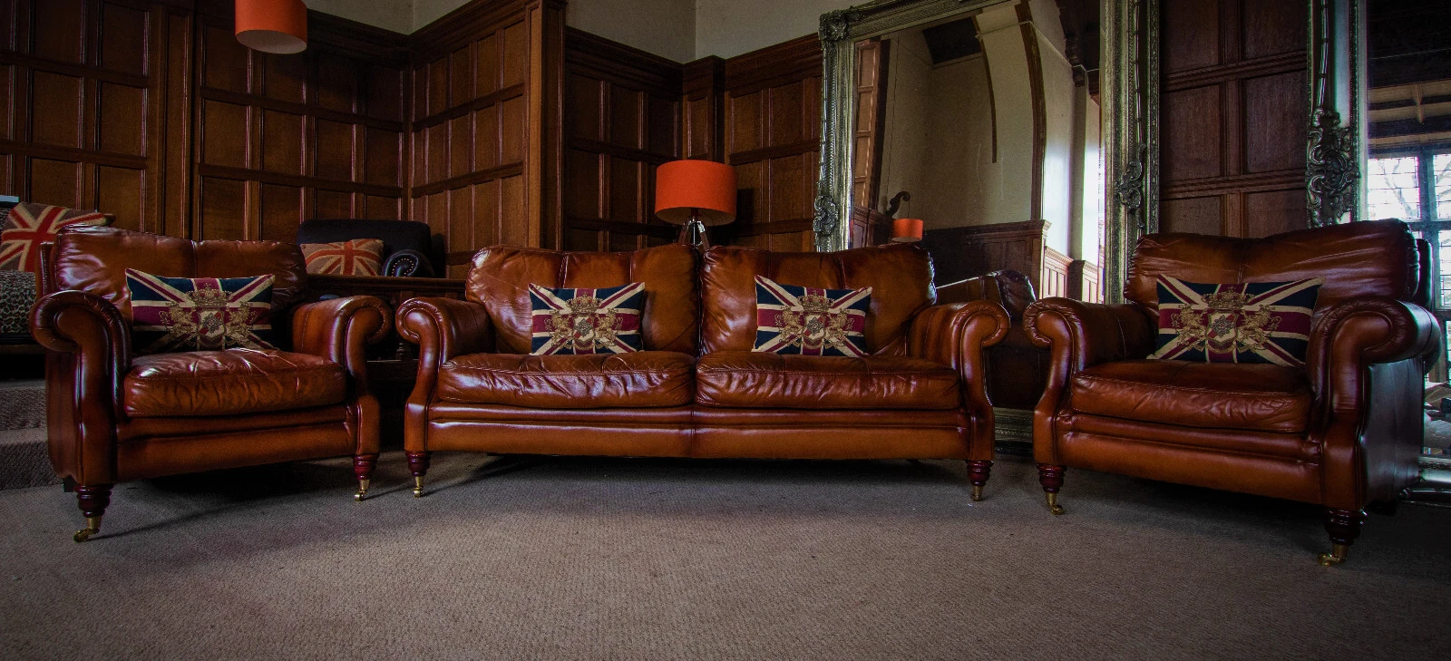 Victorian Style Antique Tan Brown Leather Suite 3 Seater Sofa & Pair of Chairs