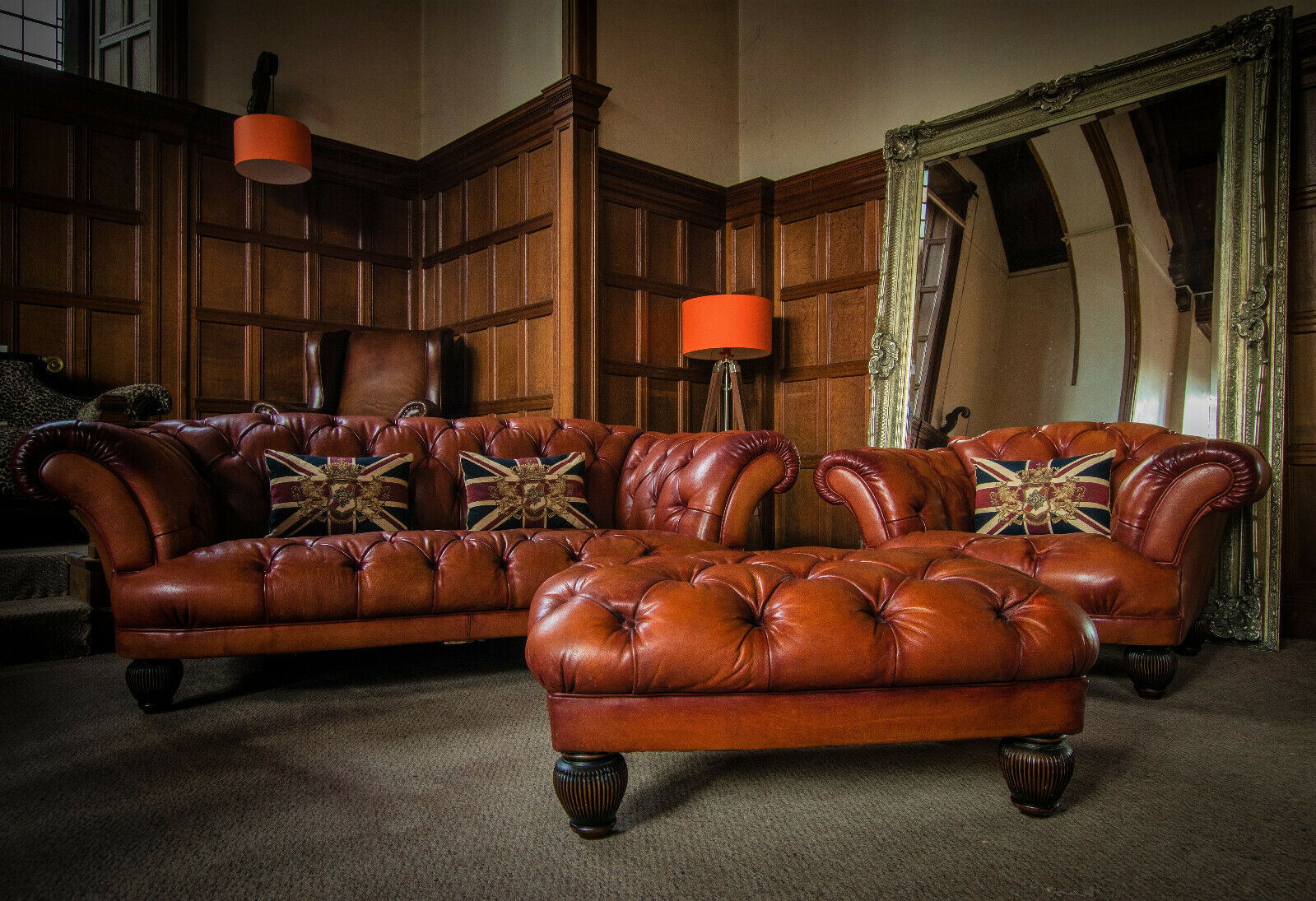 Tetrad Oskar Chesterfield Tan Leather 3 Piece Suite Midi Sofa Club Chair Stool