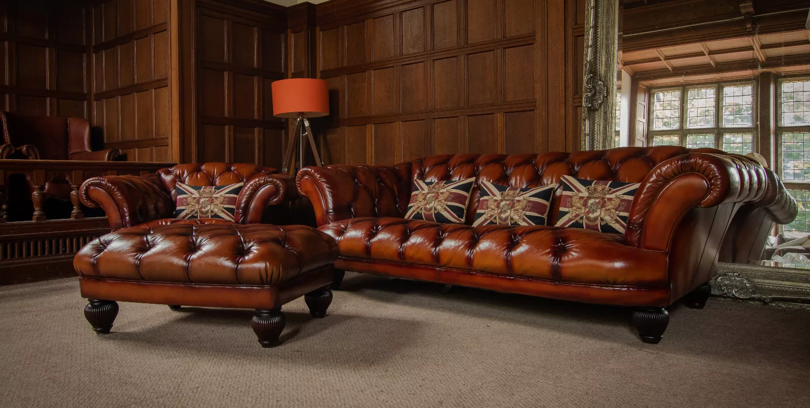 Tetrad Oskar Chesterfield Tan Leather Suite 3 Seater Sofa Club Chair & Footstool