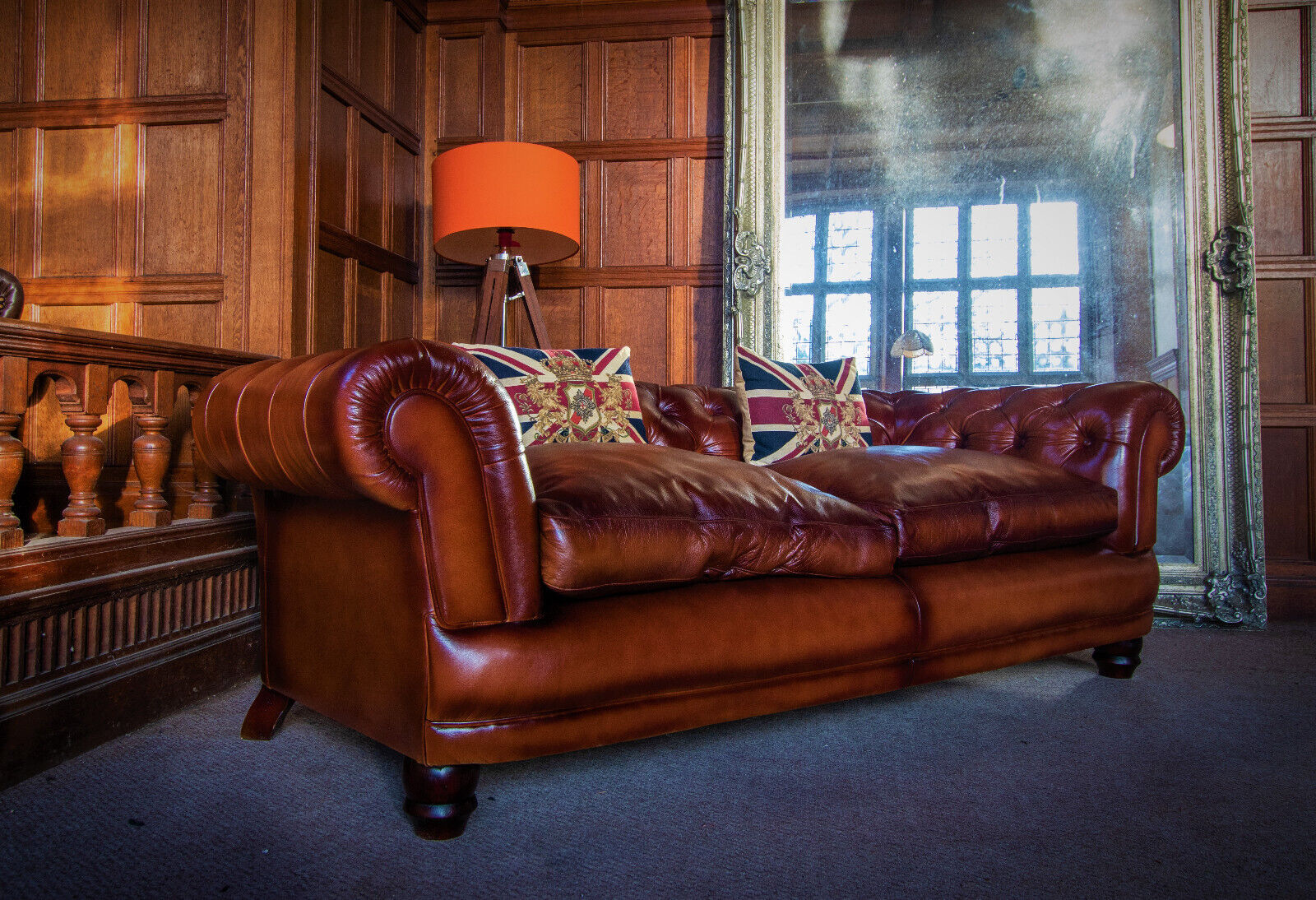 Pair of Tetrad Grand Chatsworth Antiqued Cigar Brown Leather Chesterfield Sofas