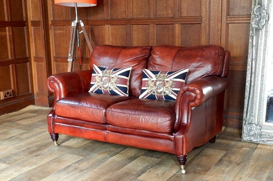 Victorian Style Chestnut Antique Tan Brown Leather 2 Seater Club Sofa 1 of Pair