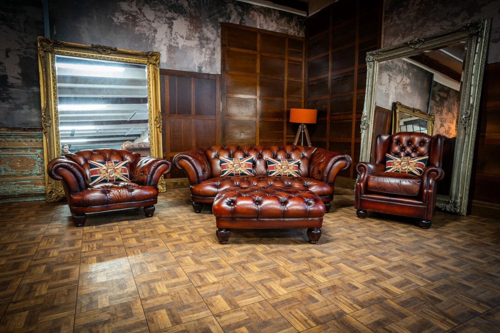 Tetrad Oskar Chestnut Leather Chesterfield Large Sofa Club & Wing Chairs Stool