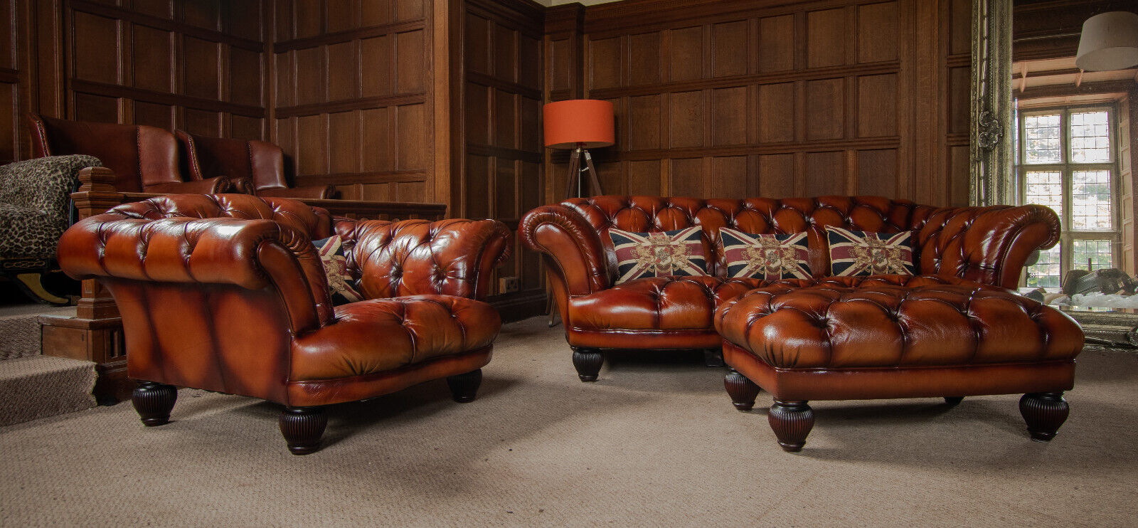 Tetrad Oskar Chesterfield Tan Leather Suite 3/4 Seater Sofa Club Chair & Stool