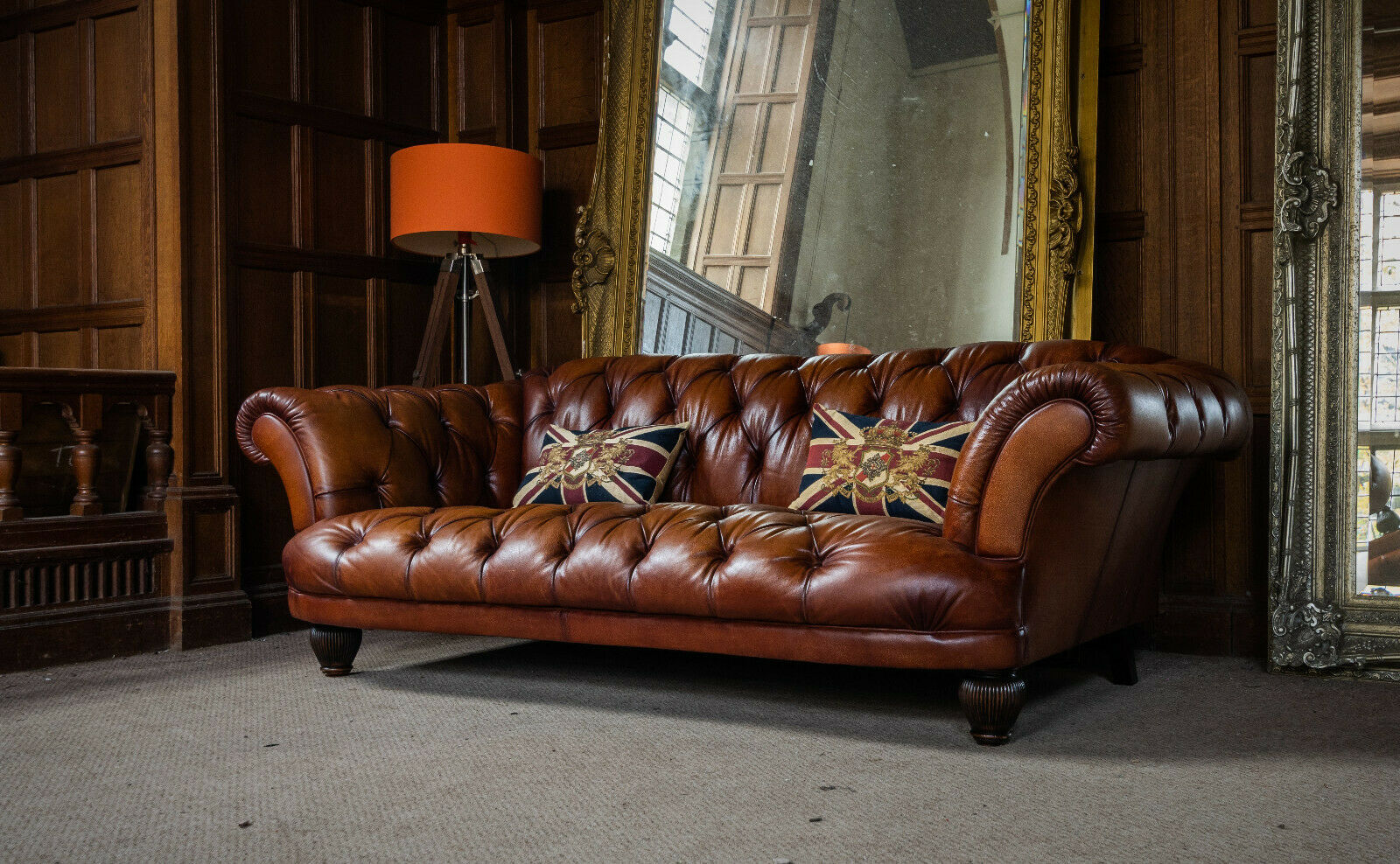 Tetrad Oskar Chesterfield Tan Leather Grand Club Sofa One of a Pair