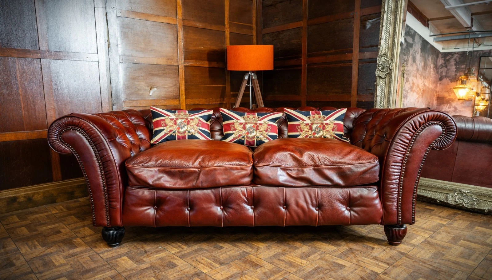 Tetrad Elliot Antique Chestnut Leather Chesterfield 3 Seater Sofa One of a Pair