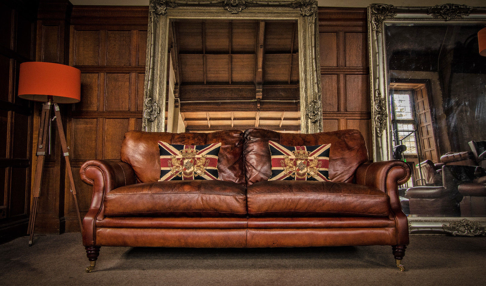 Victorian Style Chestnut Antique Hand Dyed Tan Brown Leather 3 Seater Club Sofa