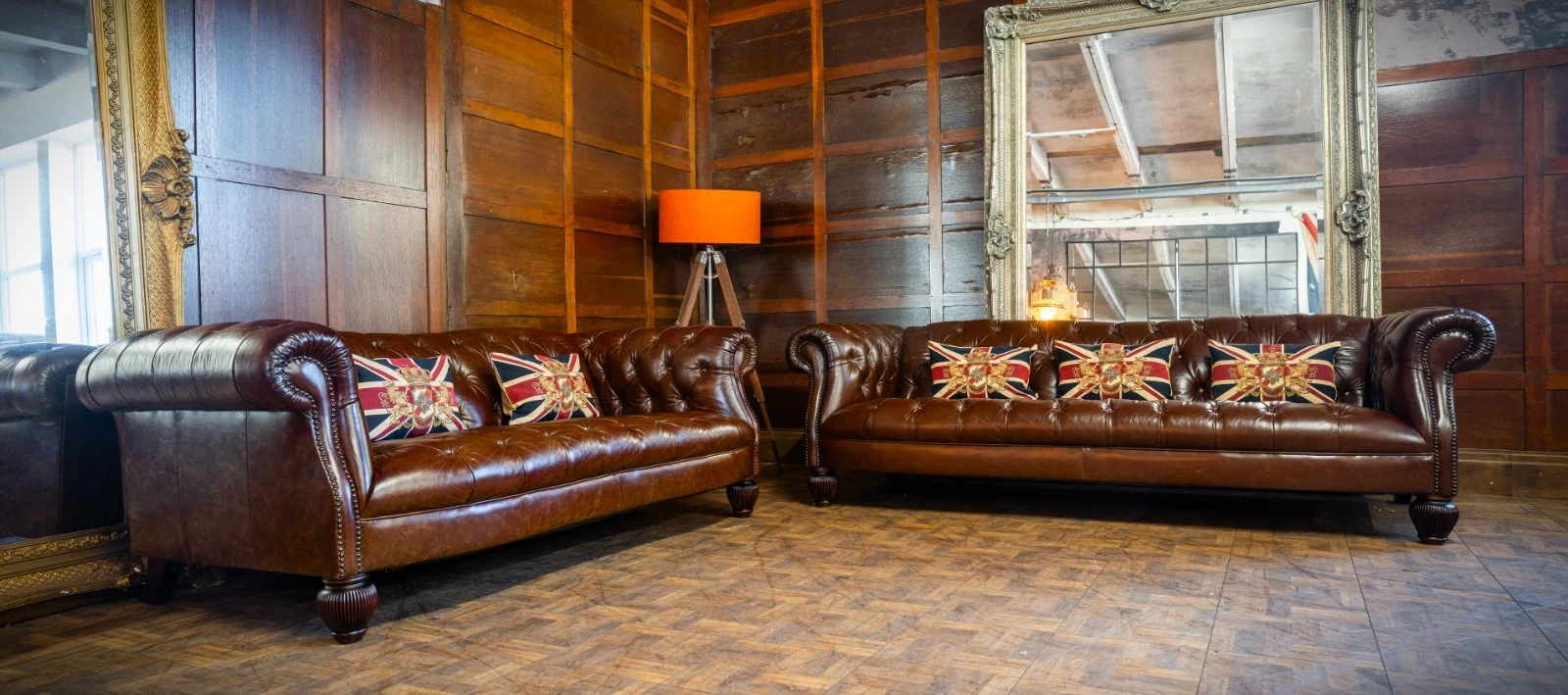 Pair of Tetrad Grand & Midi Chesterfield Antique Tan Brown Leather Club Sofas