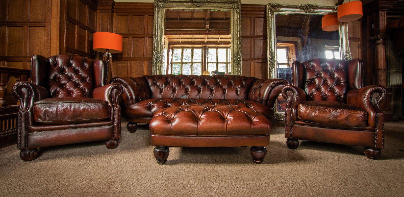 Tetrad Oskar Chesterfield Conker Leather Midi Sofa Pair of Wing Chairs & Stool