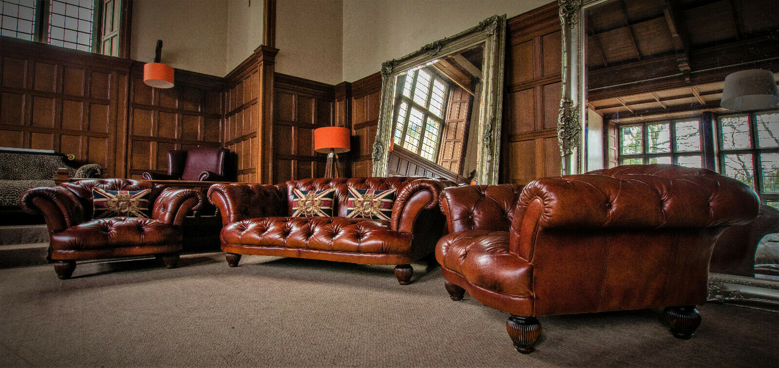 Tetrad Oskar Chestnut Brown Leather Suite 2/3 Seater Sofa Pair of Club Armchairs