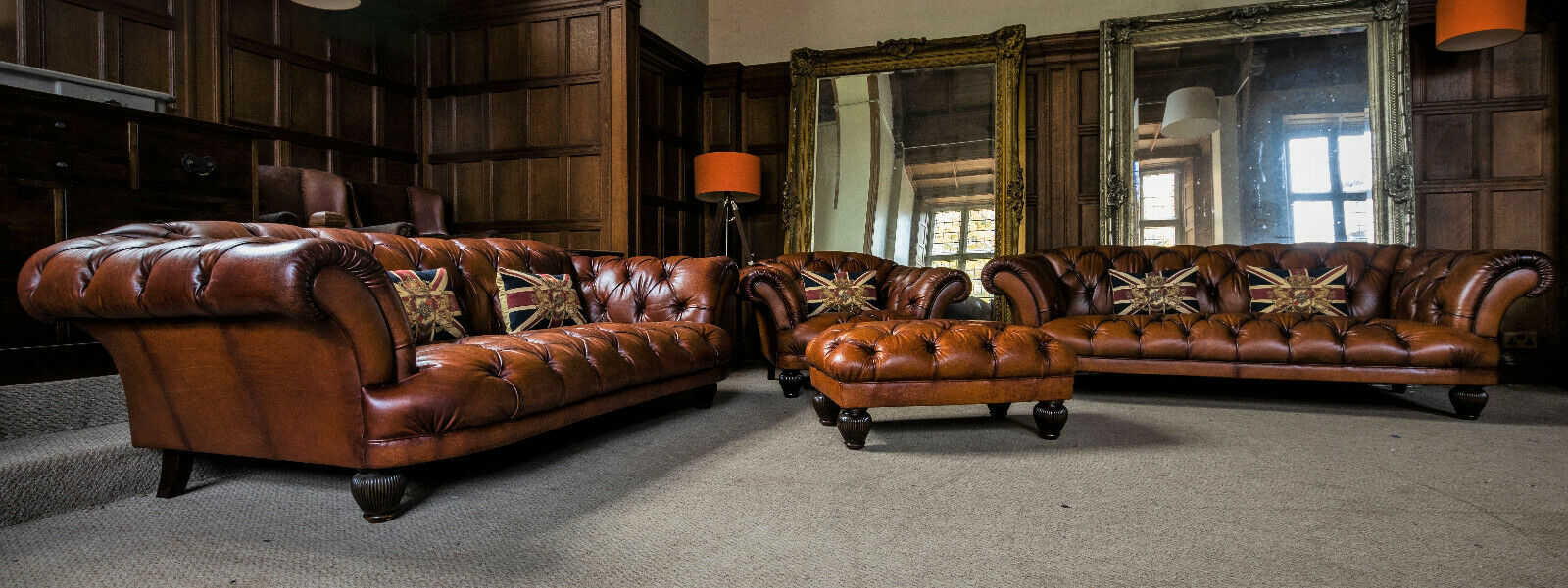 Pair of Tetrad Oskar Chesterfield Tan Leather Grand Sofas Club Chair Stool Suite