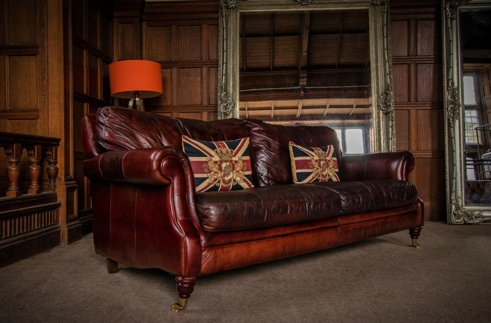 Victorian Style Hand Dyed Cigar Brown Tan Leather 3 Seater Club Sofa 2 of Pair