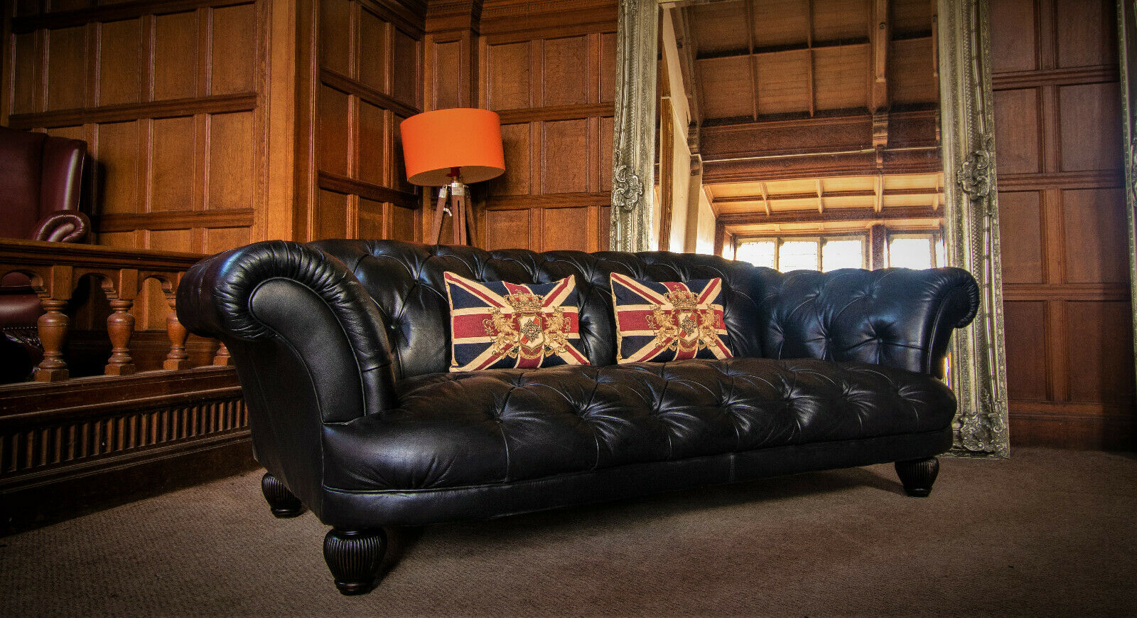 Large Tetrad Grand Tour Oskar 3/4 Seater Black Leather Chesterfield Club Sofa