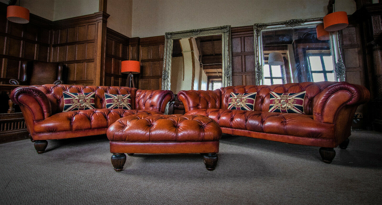 Pair of Tetrad Oskar Grand & Midi Chesterfield Tan Leather Sofas & Stool Suite