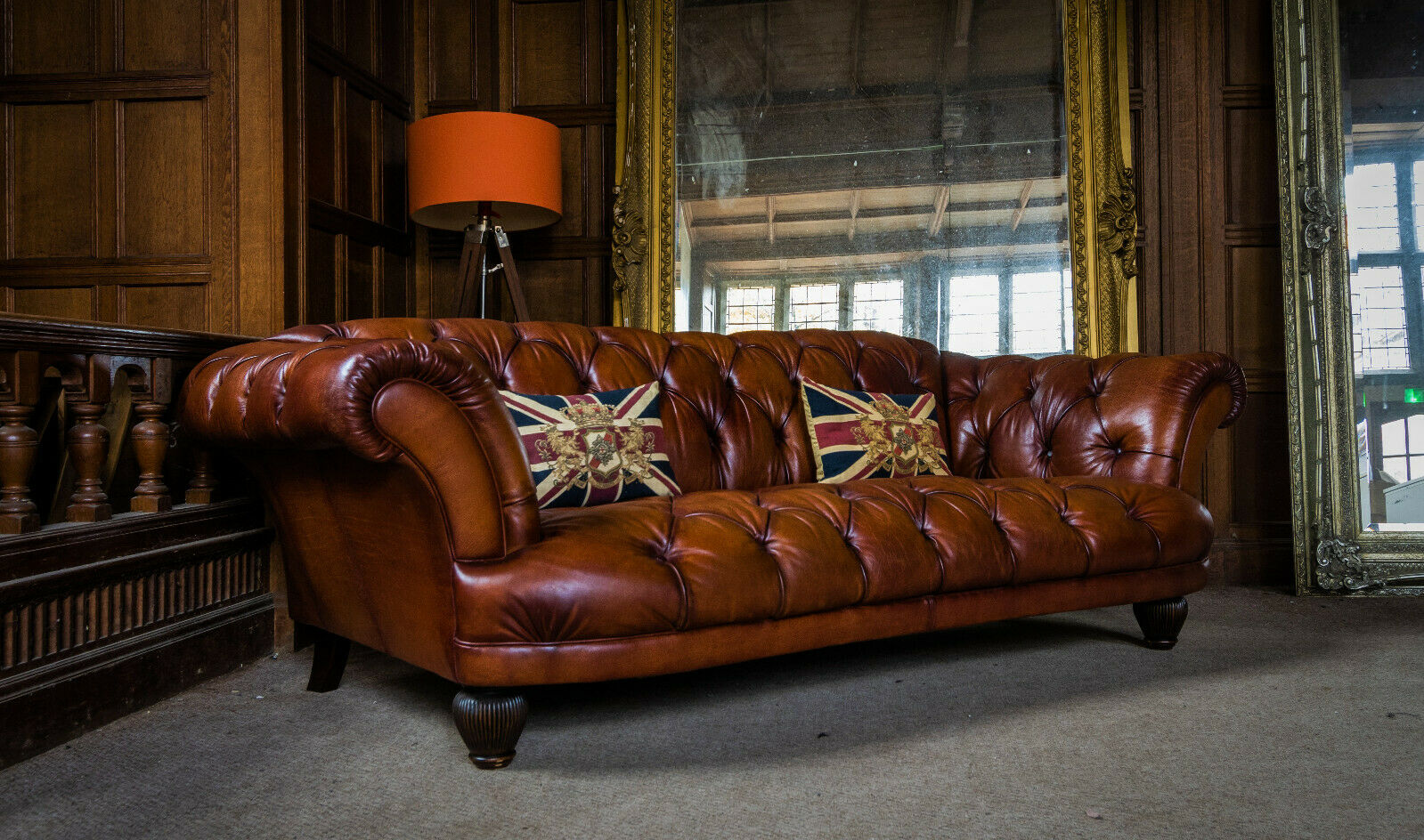 Tetrad Oskar Chesterfield Tan Leather Grand Club Sofa Two of a Pair