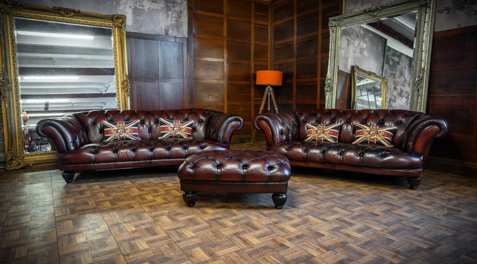 Pair of Tetrad Oskar Grand & Midi Chesterfield Conker Leather Sofas & Footstool