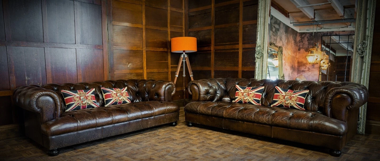 Pair of Tetrad Drummond 3/4 & 2/3 Seater Antique Tan Leather Chesterfield Sofas