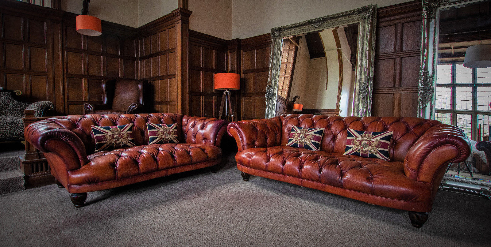 Pair of Tetrad Oskar Tan Brown Leather Chesterfield 2/3 & 3/4 Seater Sofas Suite