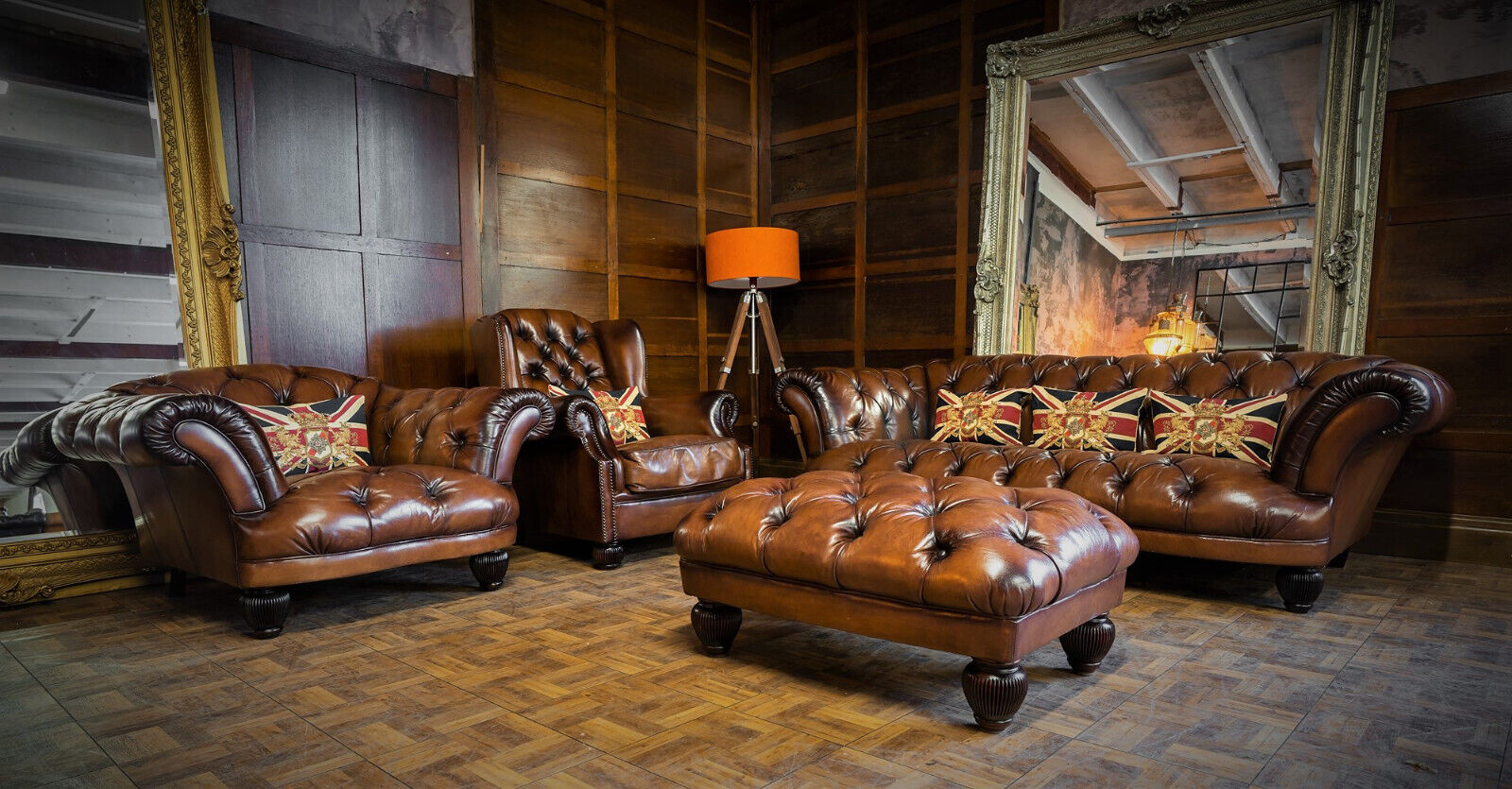 Tetrad Oskar Chesterfield Tan Leather Large Sofa Club & Wing Chairs & Footstool