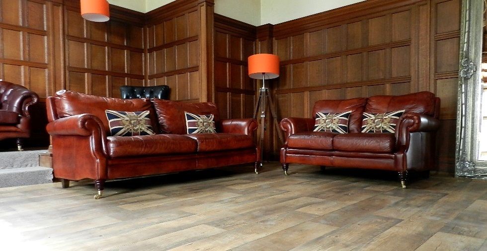 Victorian Style Chestnut Antique Tan Brown Leather Suite 2 & 3 Seater Club Sofas