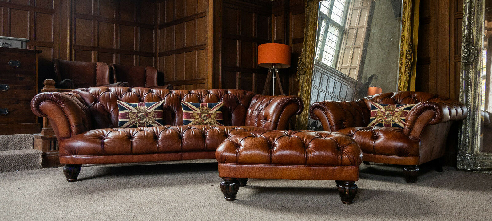 Tetrad Oskar Chesterfield Tan Leather 3 Piece Suite Grand Sofa Club Chair Stool