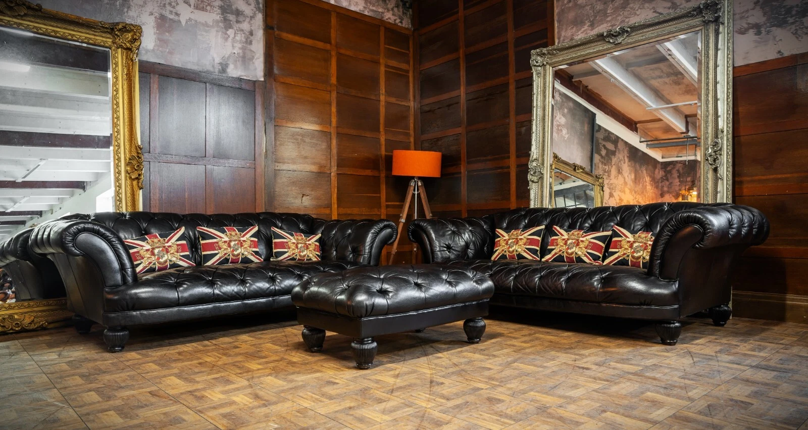 Pair of Tetrad Oskar Chesterfield Black Antique Leather 3/4 Seater Sofas & Stool