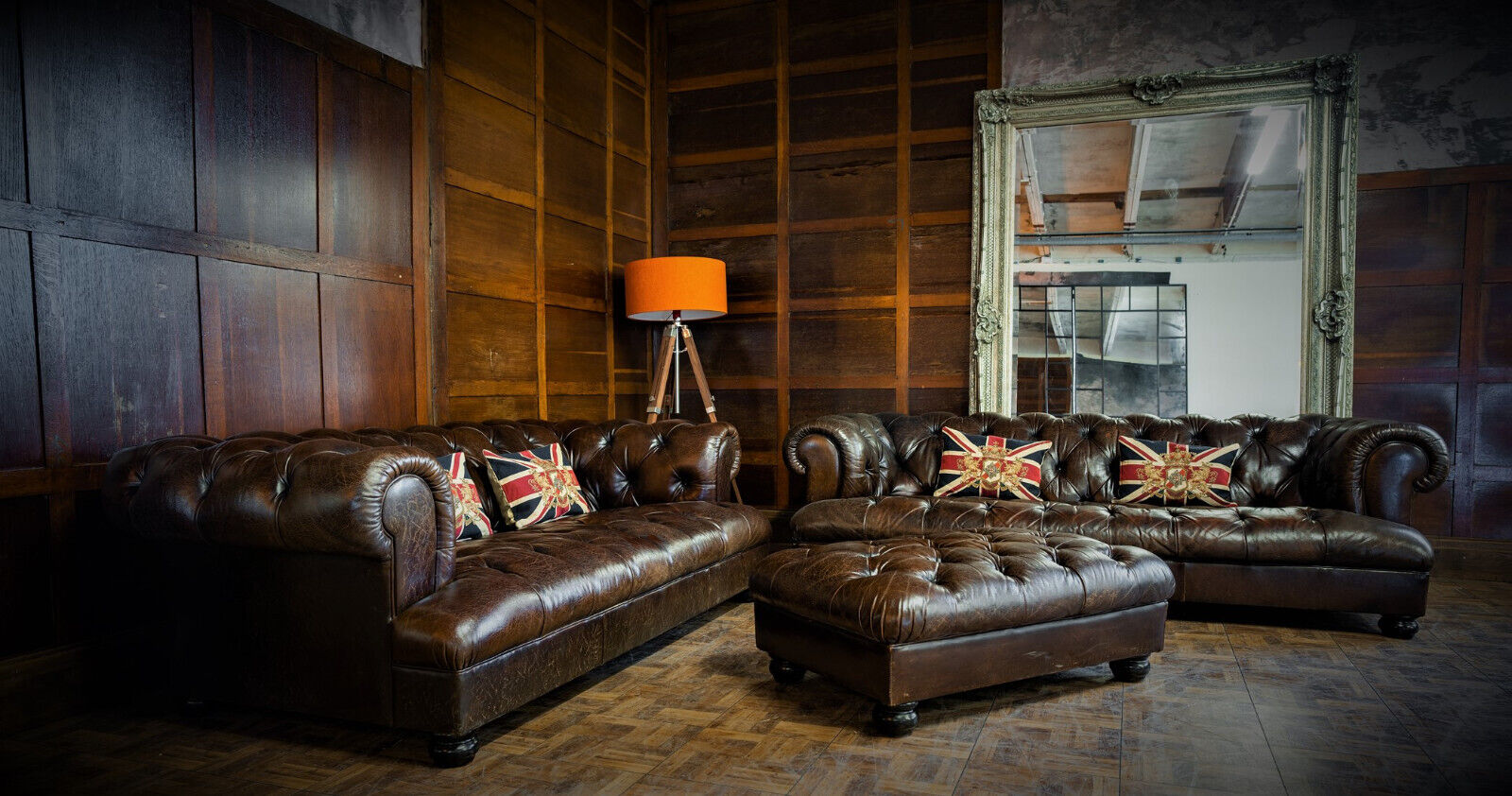 Pair of Tetrad Drummond Antique Tan Brown Leather Chesterfield Sofas & Footstool