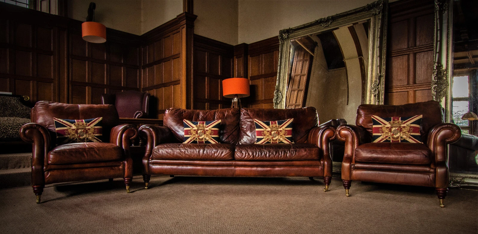 Victorian Style Antique Tan Chestnut Leather Suite 3 Seat Sofa & Pair of Chairs