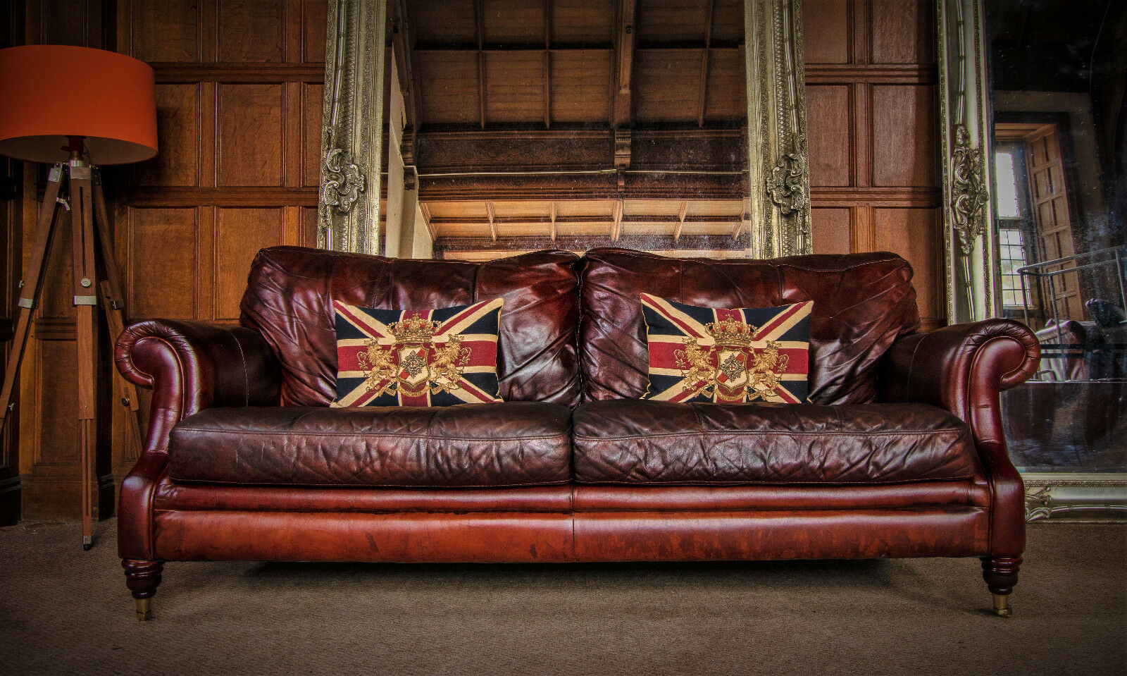 Victorian Style Hand Dyed Cigar Brown Tan Leather 3 Seater Club Sofa 1 of Pair