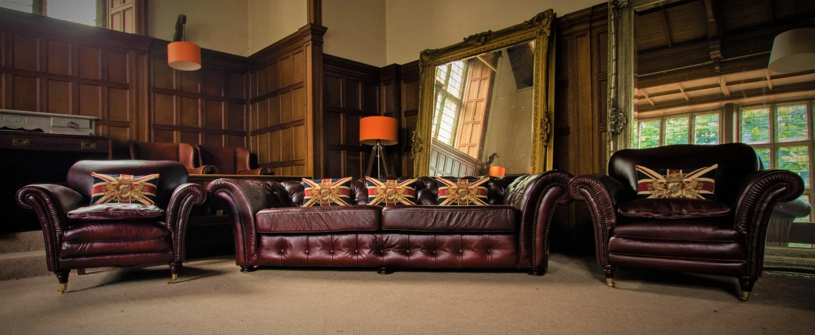 Tetrad Blenheim Chestnut Leather Chesterfield 3 Seater Club Sofa Pair of Chairs