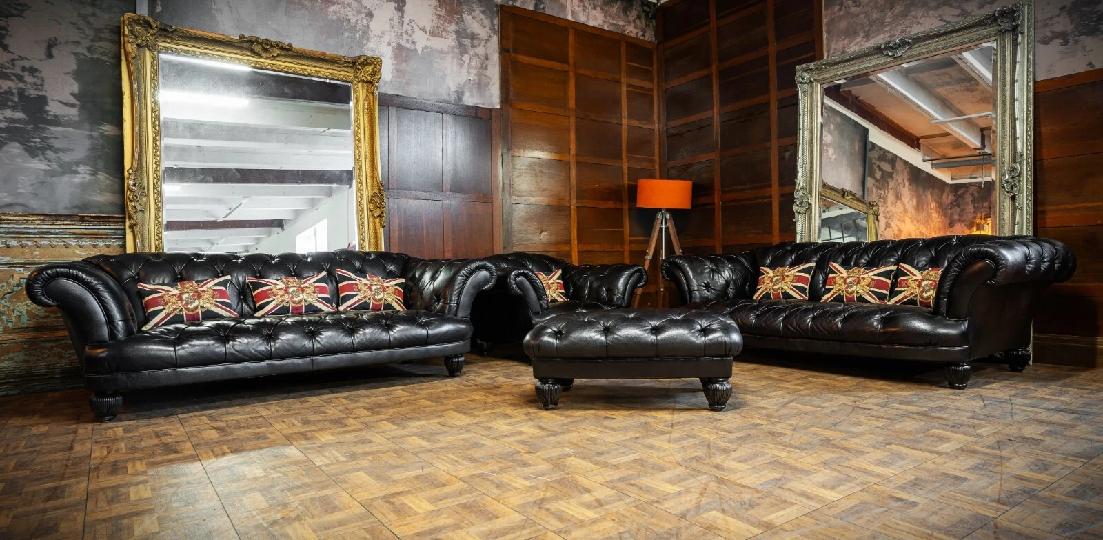 Tetrad Oskar Chesterfield Black Leather Pair of Large Sofas Club Chair & Stool