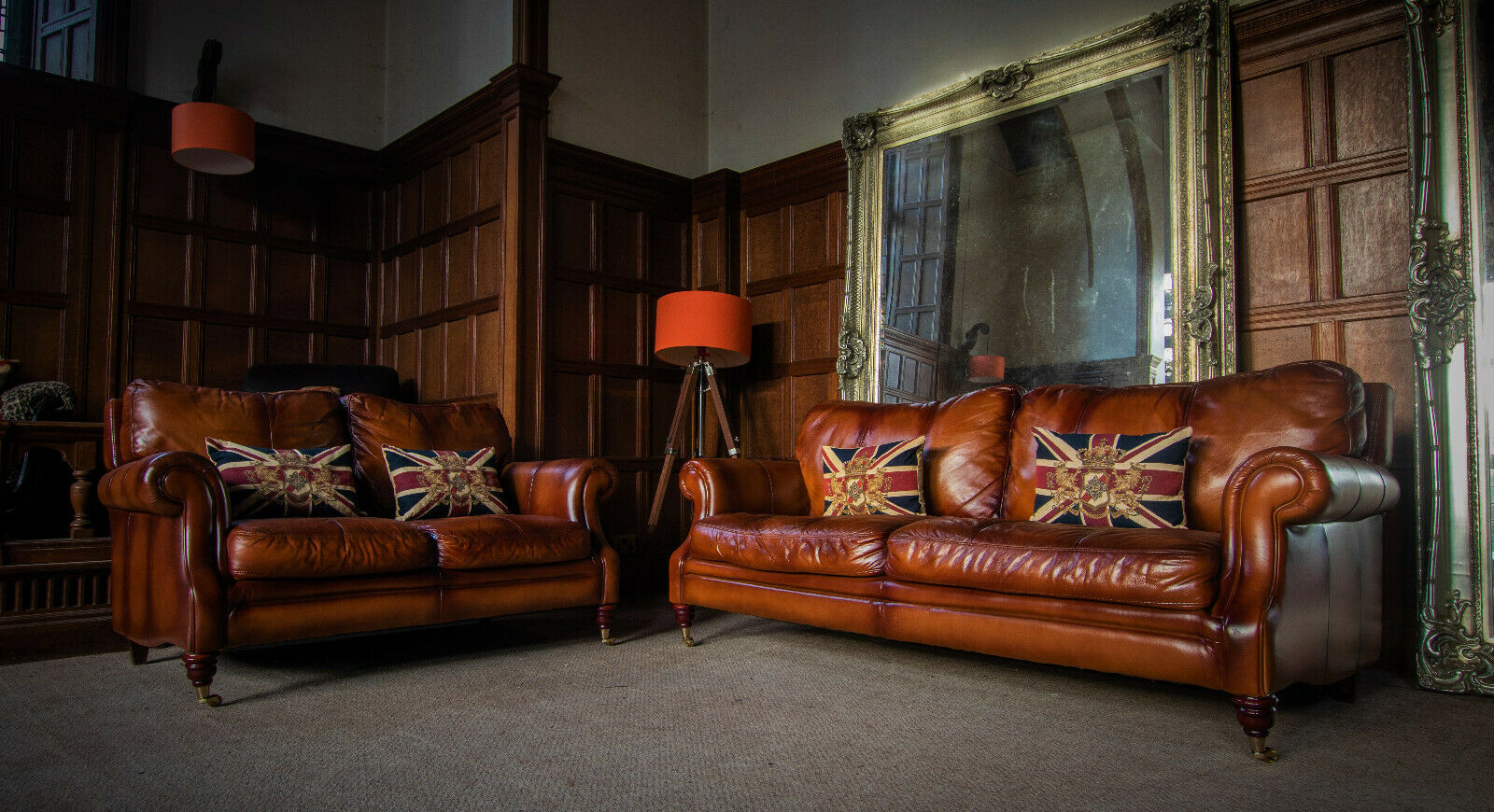 Victorian Style Antique Tan Brown Leather 3 & 2 Seater Chesterfield Sofas Suite