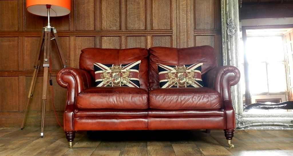 Victorian Style Chestnut Antique Tan Brown Leather 2 Seater Club Sofa 2 of Pair