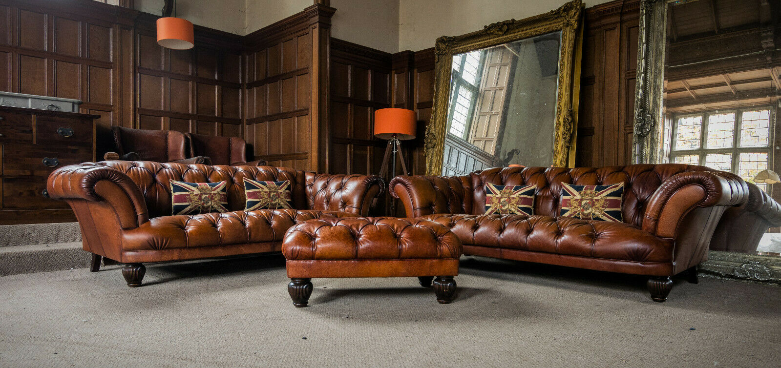 Pair of Tetrad Oskar Chesterfield Tan Leather Grand Sofas & Footstool Suite