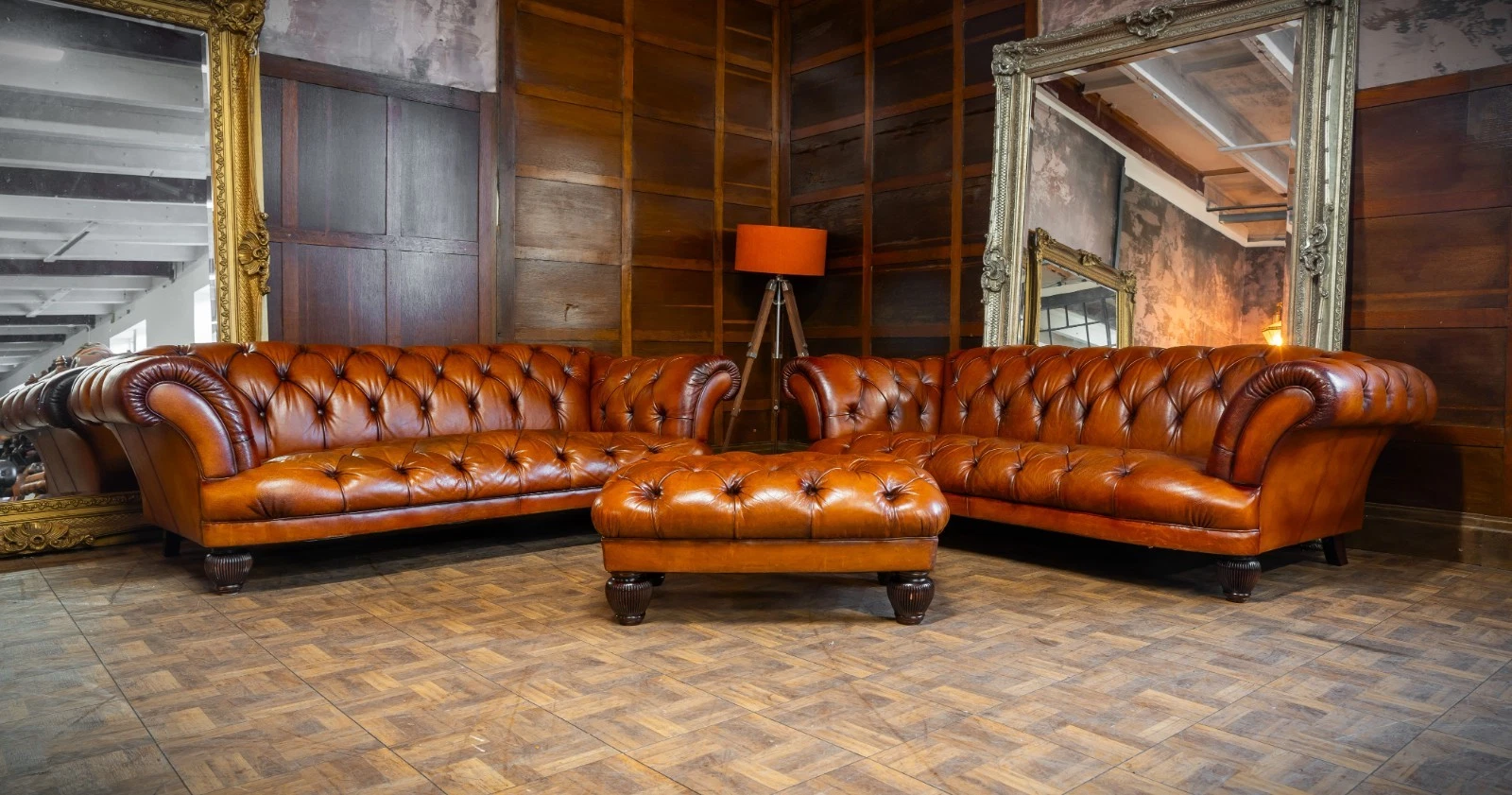 Pair of Tetrad Oskar Chesterfield Tan Leather Large 3/4 Seater Club Sofas & Stool