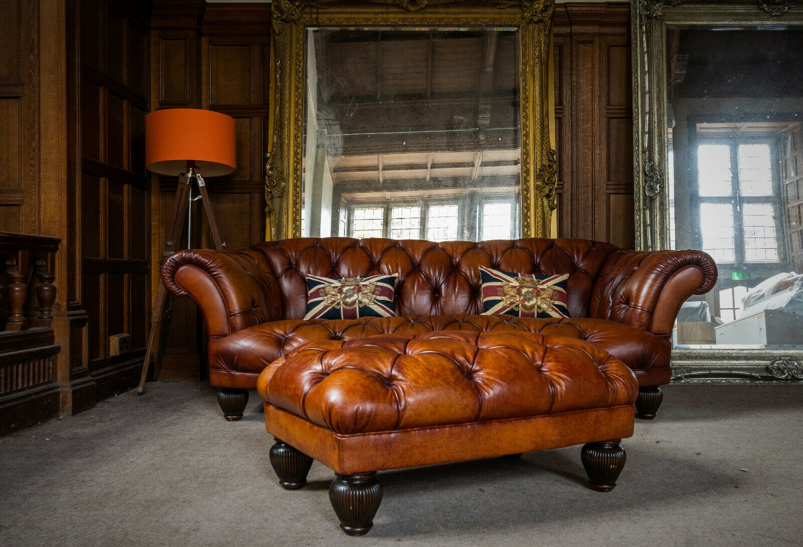 Tetrad Oskar Chesterfield Antique Tan Leather Grand Club Sofa & Footstool Suite