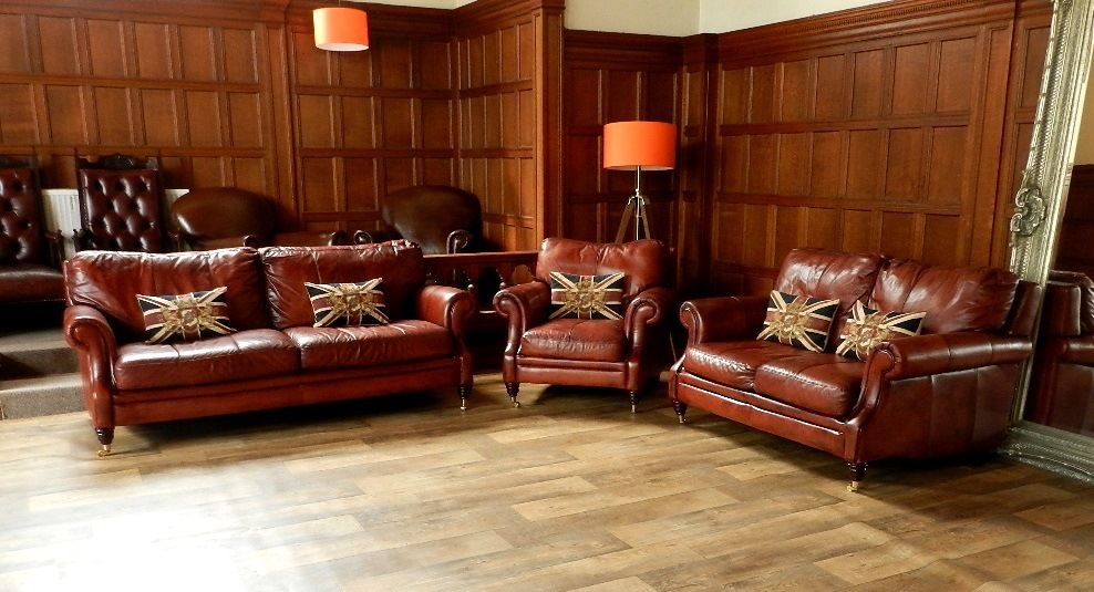 Victorian Style Chestnut Tan Brown Leather Suite 3 & 2 Seater Club Sofa Armchair