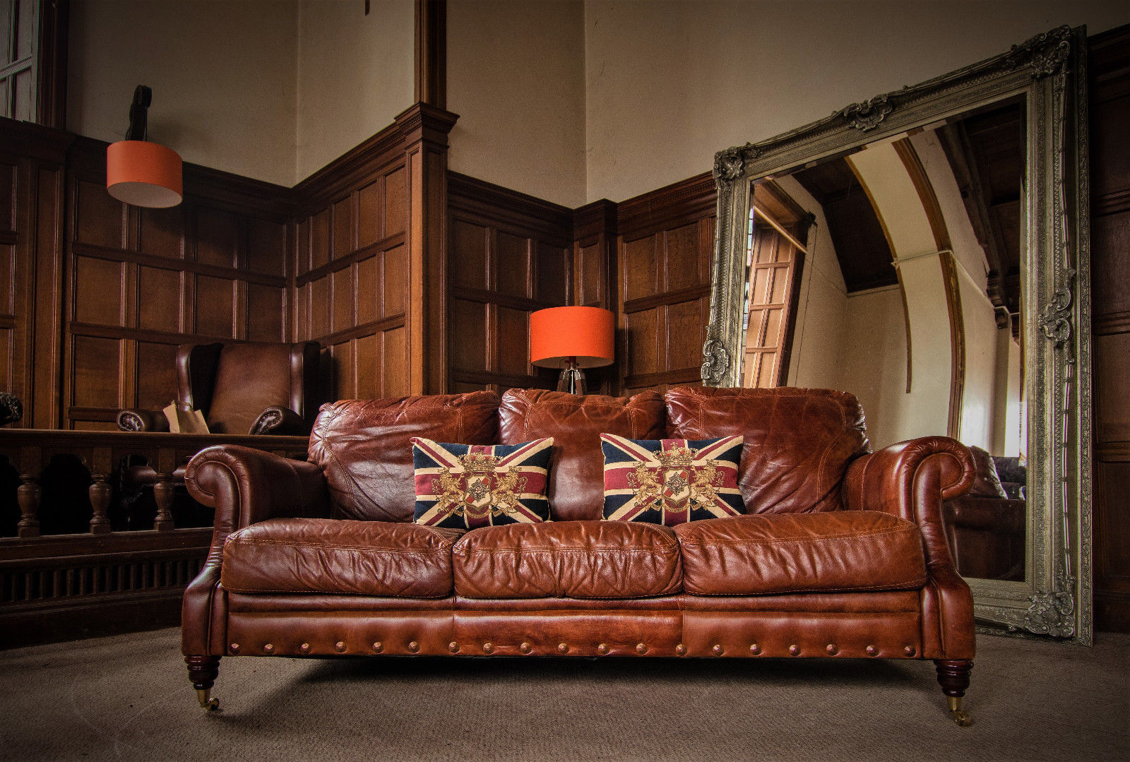 Victorian Style Chestnut Antique Tan Brown Leather 3 Seater Club Sofa 1 of Pair
