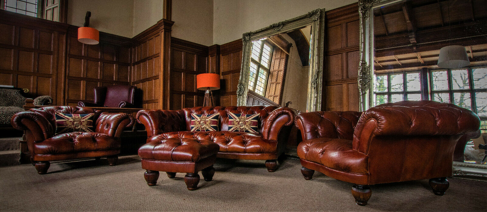 Tetrad Oskar Chestnut Brown Leather Suite 2/3 Seater Sofa Pair of Chairs & Stool
