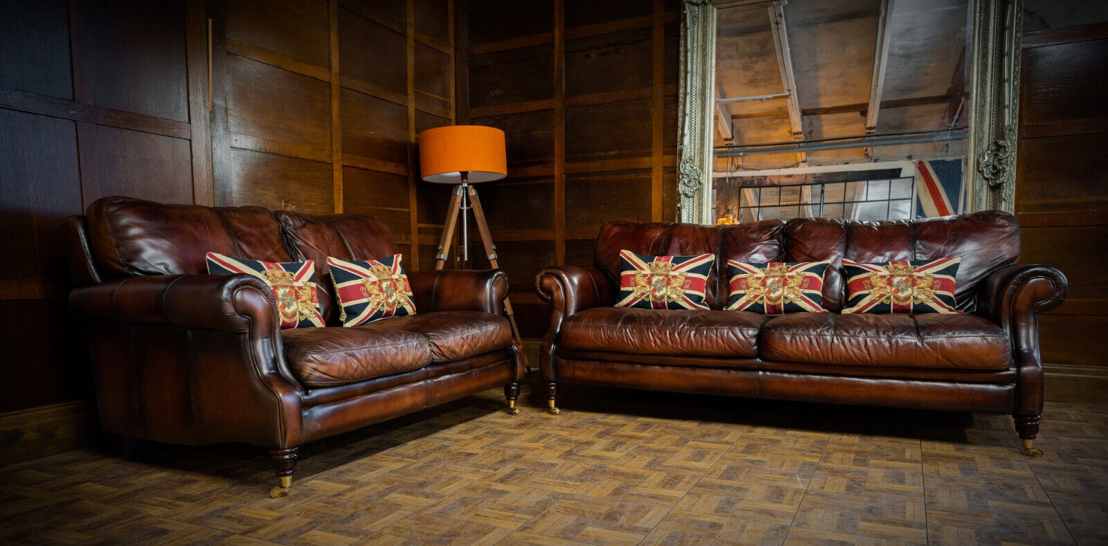 Hand-dyed leather sofa suite with Union Jack cushions in our Porthmadog studio